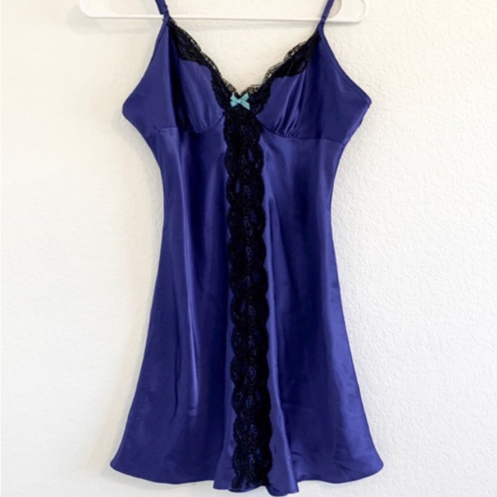 APT 9 SILKY SLIP DRESS  CHEMISE LACE BLUE BLACK